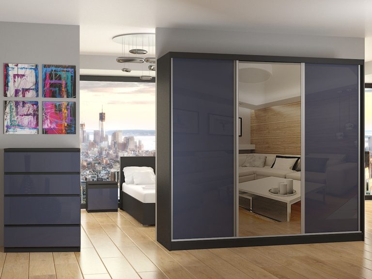 Armadio scorrevole 232 cm con specchio grigio acciaio lucido Produttore BM SZP4/2/B/WI/2S1L/HI