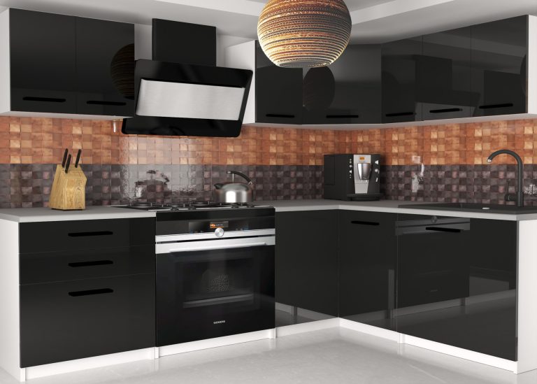 Mobili da cucina 300 cm nero lucido con piano di lavoro Produttore INF ARMIN2/3/WT/B/0/B1