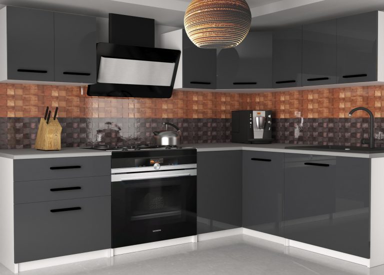 Mobili da cucina 300 cm grigio lucido antracite grafite con piano di lavoro Produttore INF ARMIN2/3/WT/S/0/B1