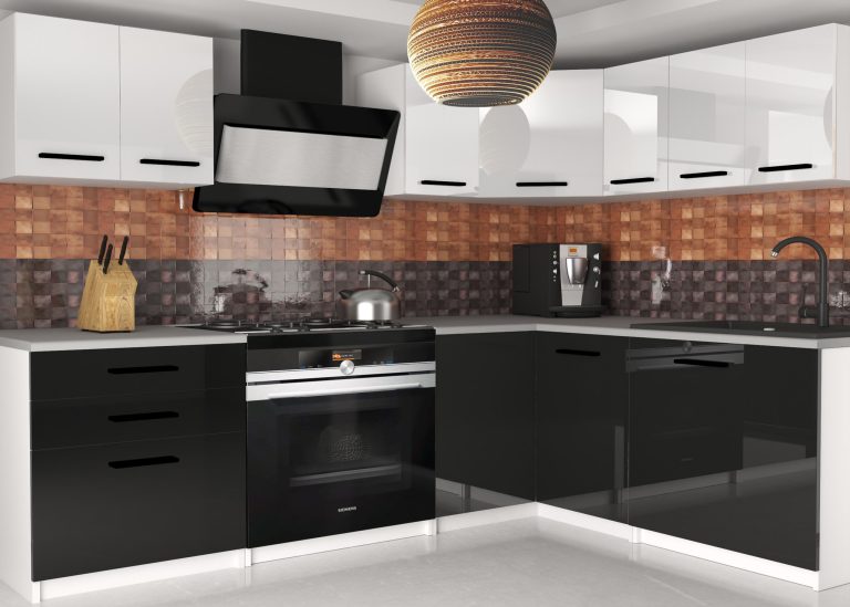 Mobili da cucina 300 cm bianco lucido nero lucido con piano di lavoro Produttore INF ARMIN2/3/WT/WB/0/B1