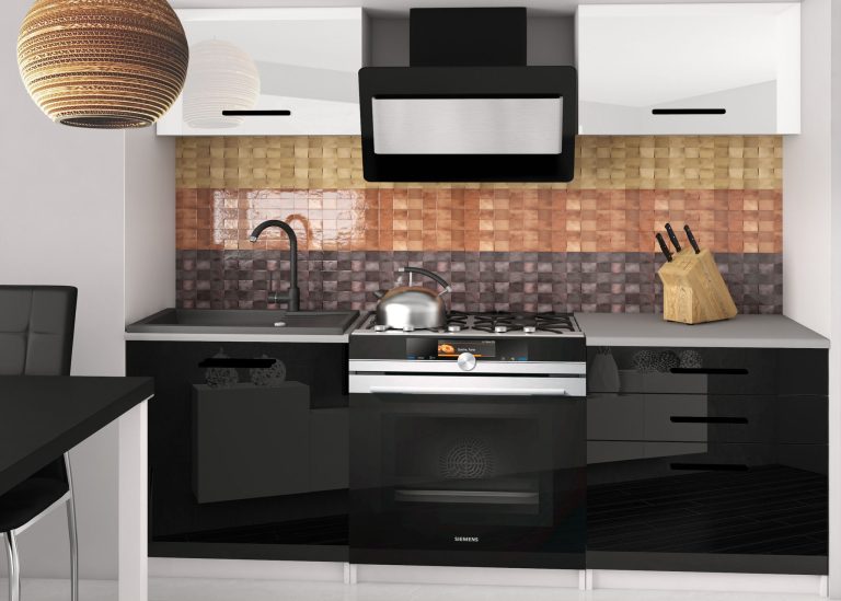 Mobili da cucina 120 cm bianco lucido nero lucido con piano di lavoro Produttore INF VULCANO2/4/WT/WB/0/B1
