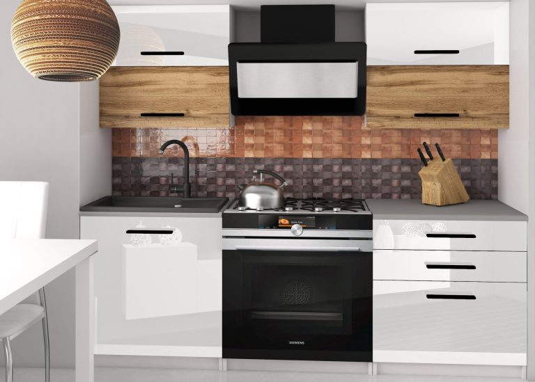 Mobili da cucina 120 cm bianchi lucidi in rovere Wotan rovere Sonoma senza piano di lavoro Produttore INF ELEGANTA2/2/WT/WDWW/BB/B1