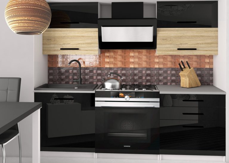Mobili da cucina 120 cm neri lucidi in rovere Wotan rovere Sonoma senza piano di lavoro Produttore INF ELEGANTA2/2/WT/BDSB/BB/B1