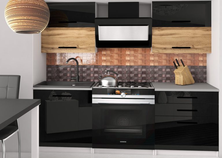 Mobili da cucina 120 cm neri lucidi in rovere Wotan rovere Sonoma senza piano di lavoro Produttore INF ELEGANTA2/2/WT/BDWB/BB/B1