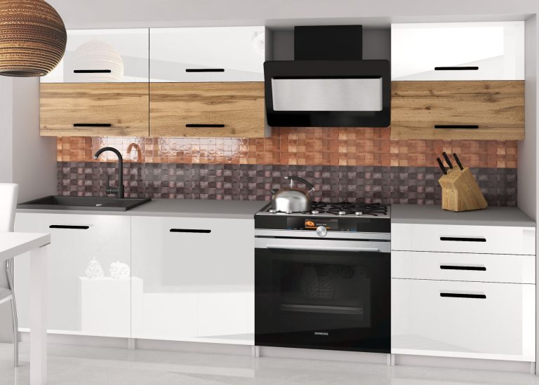 Mobili da cucina 180 cm bianchi lucidi in rovere Wotan rovere Sonoma con piano di lavoro Produttore INF PRIMERA2/2/WT/WDWW/0/B1