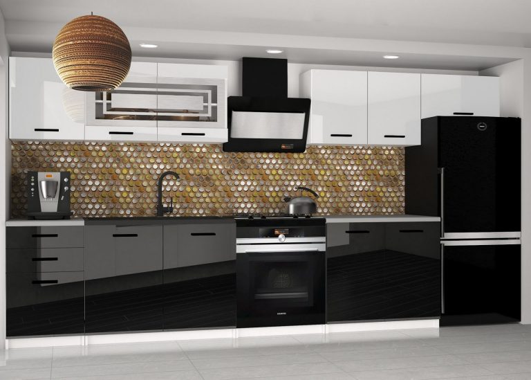 Mobili da cucina 240 cm bianco lucido nero lucido con piano di lavoro Produttore INF ELLA2/6/WT/WB/0/B1