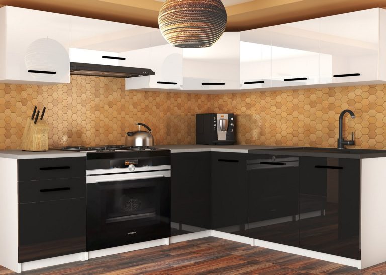 Mobili da cucina 360 cm bianco lucido nero lucido con piano di lavoro Produttore INF LIDIAUNIQA2/4/WT/WB/0/B1