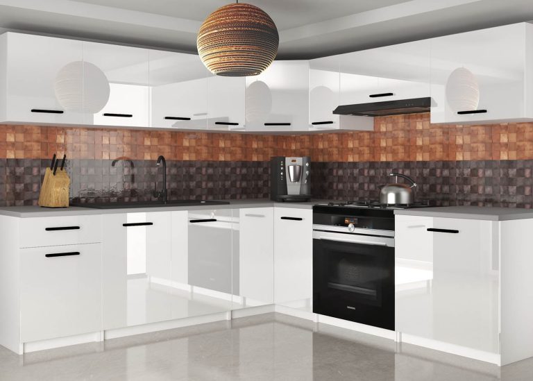 Mobili da cucina 420 cm bianchi lucidi con piano di lavoro Produttore INF UNIQAPLUS/4/WT/W/0/B1