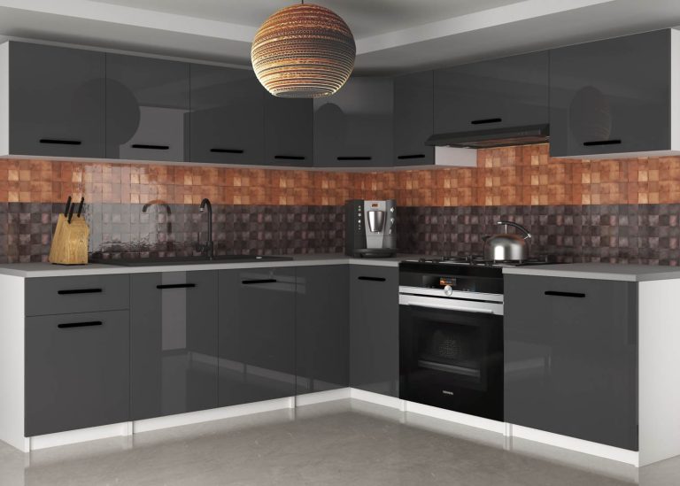 Mobili da cucina 420 cm grigio lucido con piano di lavoro Produttore INF UNIQAPLUS/5/WT/S/0/B1