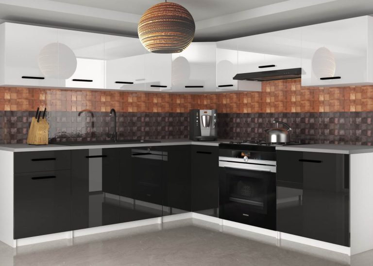 Mobili da cucina 420 cm bianco lucido nero lucido con piano di lavoro Produttore INF UNIQAPLUS/4/WT/WB/0/B1