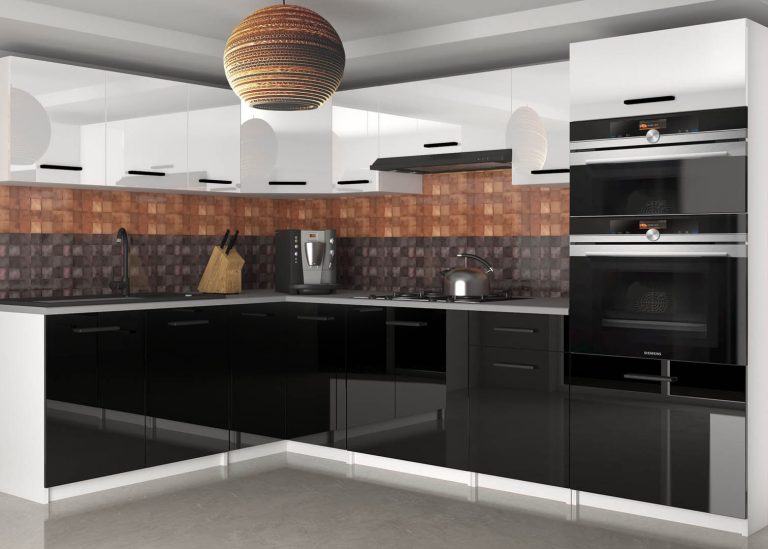 Mobili da cucina 420 cm bianco lucido nero lucido con piano di lavoro Produttore INF UNIQAGRANDE/5/WT/WB/0/B1