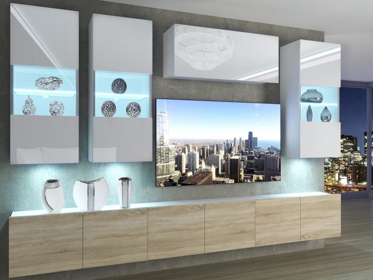 Parete attrezzata 300 cm Belini bianco lucido / rovere sonoma Imperium 5 Produttore IMP 5/5/W/WDS/0/0