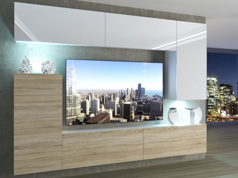 Parete attrezzata 250 cm Belini bianco lucido / rovere sonoma Imperium 8 Produttore IMP 8/5/W/WDS/0/0