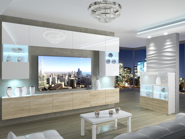 Parete attrezzata 300 cm Belini bianco lucido / rovere sonoma Imperium 1 Produttore IMP 1/5/W/WDS/0/0