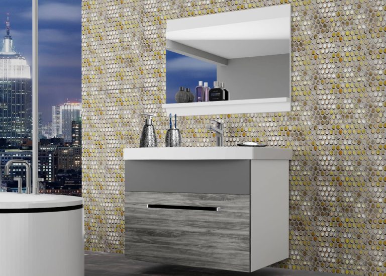 Mobili da bagno Belini grigio antracite Glamour Wood / grigio opaco + lavabo + specchio Produttore ROD M 1/0/W/GW1SR/0/ZW