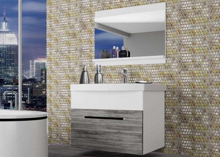 Mobili da bagno Belini grigio antracite Glamour Wood / bianco opaco + lavabo + specchio Produttore ROD M 1/0/W/GW1W/0/ZW
