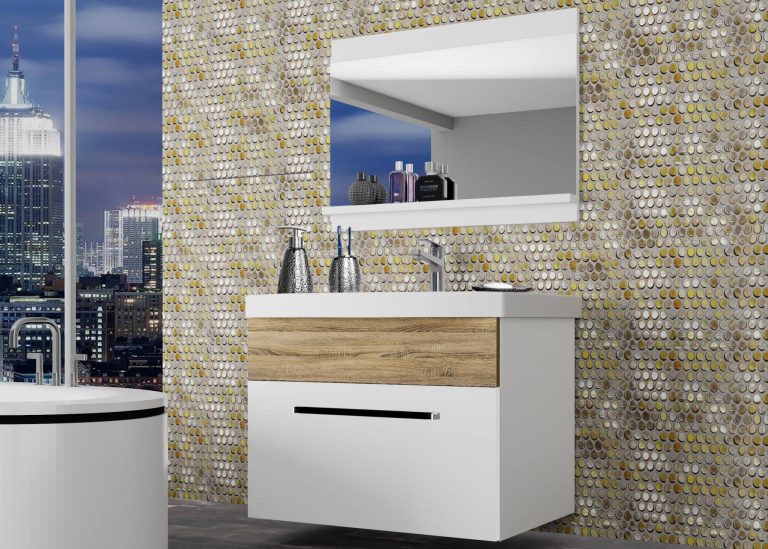 Mobili da bagno Belini bianco opaco / rovere sonoma + lavabo + specchio Produttore ROD M 1/0/W/WDS/0/ZW
