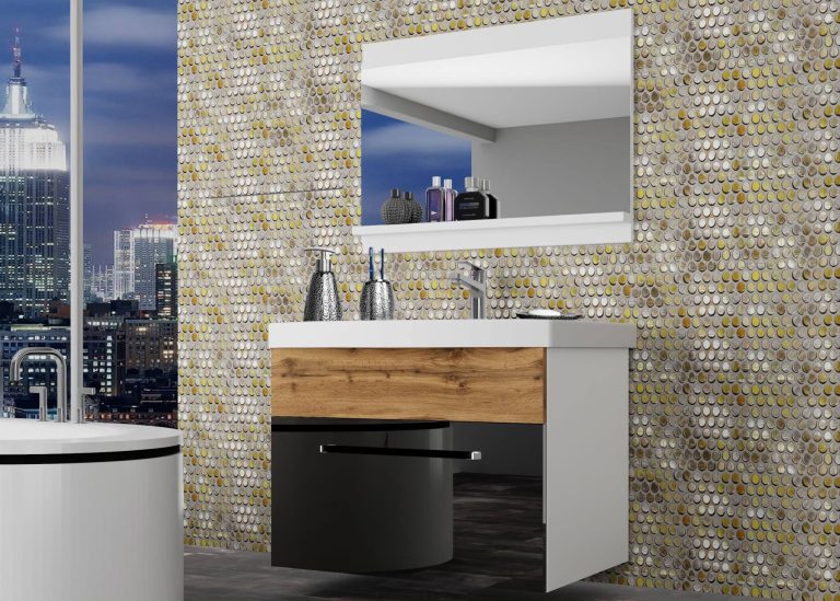 Mobili da bagno Belini nero lucido / rovere wotan + lavabo + specchio Produttore ROD PM 1/0/W/BDW/0/ZW
