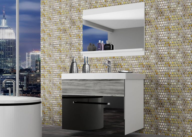 Mobili da bagno Belini nero lucido / grigio antracite Glamour Wood + lavabo + specchio Produttore ROD PM 1/0/W/BGW1/0/ZW