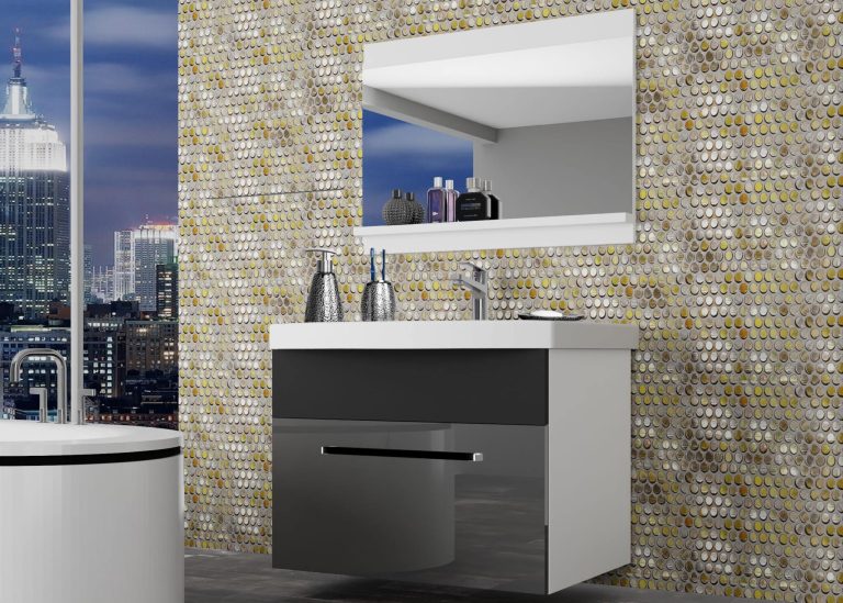 Mobili da bagno Belini grigio lucido / nero opaco + lavabo + specchio Produttore ROD PM 1/0/W/SB/0/ZW

