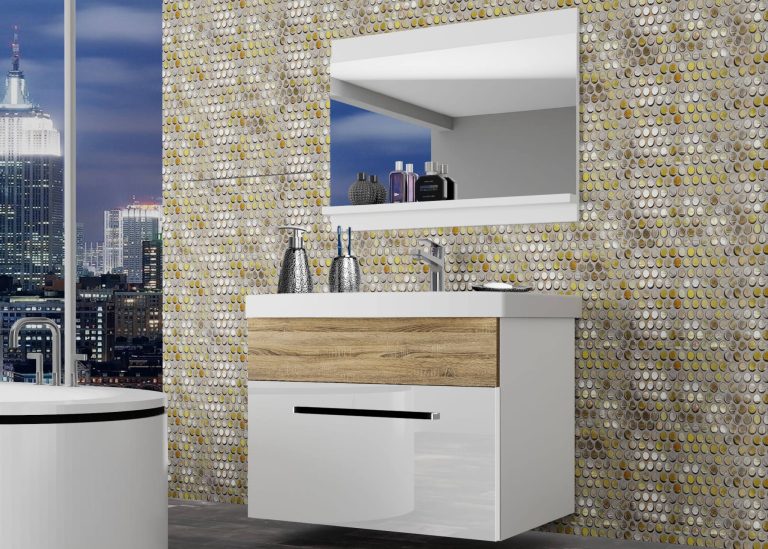 Mobili da bagno Belini bianco lucido / rovere sonoma + lavabo + specchio Produttore ROD PM 1/0/W/WDS/0/ZW
