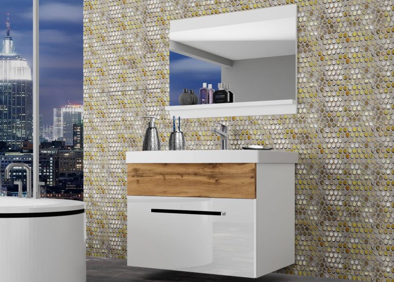Mobili da bagno Belini bianco lucido / rovere wotan + lavabo + specchio Produttore ROD PM 1/0/W/WDW/0/ZW
