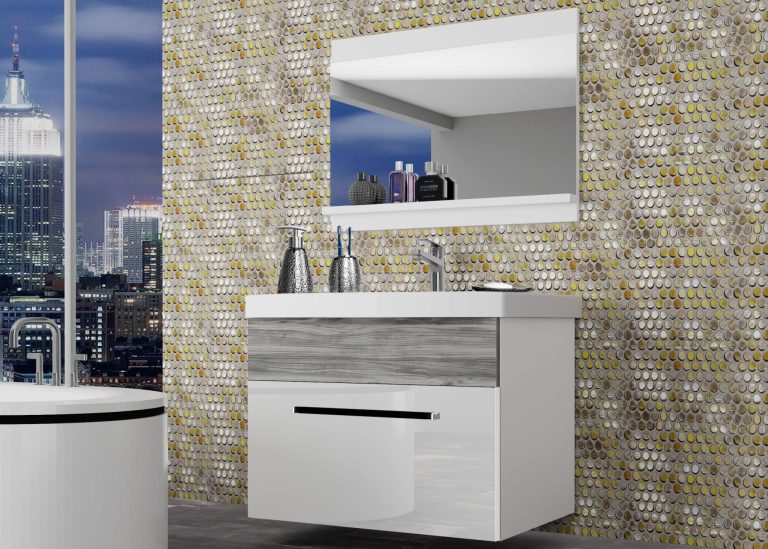 Mobili da bagno Belini bianco lucido / grigio antracite Glamour Wood + lavabo + specchio Produttore ROD PM 1/0/W/WGW1/0/ZW
