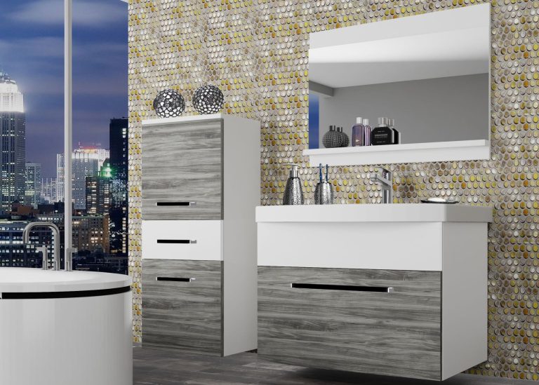 Mobili da bagno Belini grigio antracite Glamour Wood / bianco opaco + lavabo + specchio Produttore ROD M 2/0/W/GW1W/0/ZW