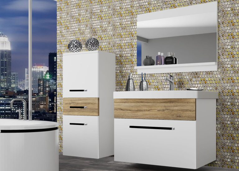 Mobili da bagno Belini bianco opaco / rovere sonoma + lavabo + specchio Produttore ROD M 2/0/W/WDS/0/ZW
