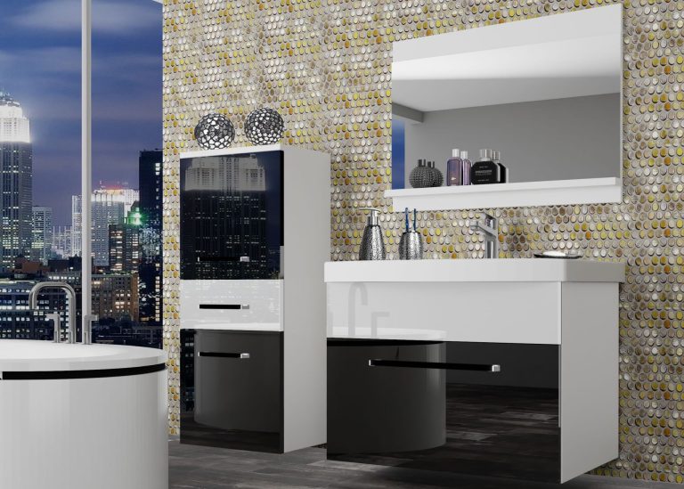 Mobili da bagno Belini nero lucido / bianco lucido + lavabo + specchio Produttore ROD P 2/0/W/BW/0/ZW