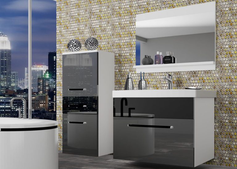 Mobili da bagno Belini grigio lucido / nero lucido + lavabo + specchio Produttore ROD P 2/0/W/SB/0/ZW