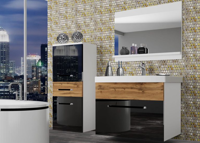 Mobili da bagno Belini nero lucido / rovere wotan + lavabo + specchio Produttore ROD PM 2/0/W/BDW/0/ZW