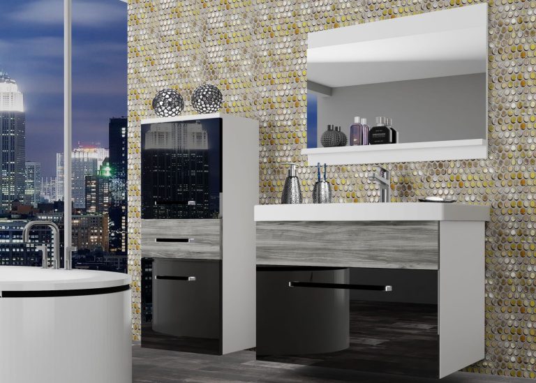 Mobili da bagno Belini nero lucido / grigio antracite Glamour Wood + lavabo + specchio Produttore ROD PM 2/0/W/BGW1/0/ZW