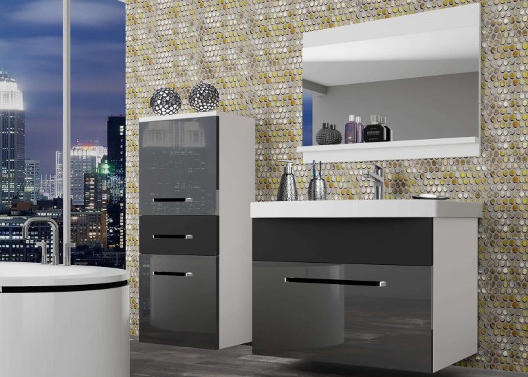 Mobili da bagno Belini grigio lucido / nero opaco + lavabo + specchio Produttore ROD PM 2/0/W/SB/0/ZW