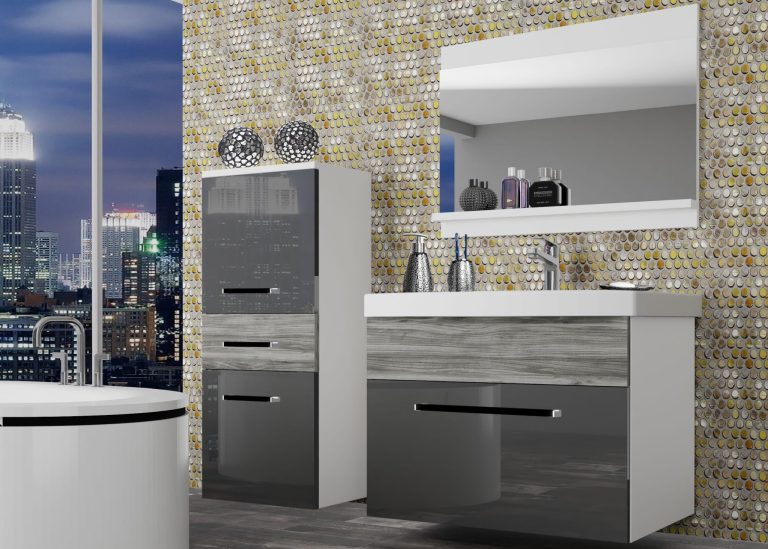 Mobili da bagno Belini grigio lucido / grigio antracite Glamour Wood + lavabo + specchio Produttore ROD PM 2/0/W/SGW1/0/ZW