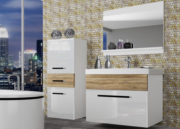 Mobili da bagno Belini bianco lucido / rovere sonoma + lavabo + specchio Produttore ROD PM 2/0/W/WDS/0/ZW