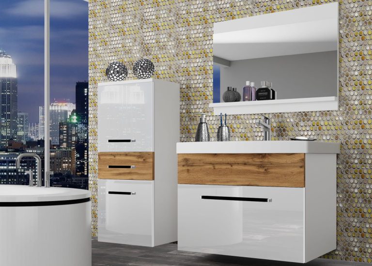 Mobili da bagno Belini bianco lucido / rovere wotan + lavabo + specchio Produttore ROD PM 2/0/W/WDW/0/ZW