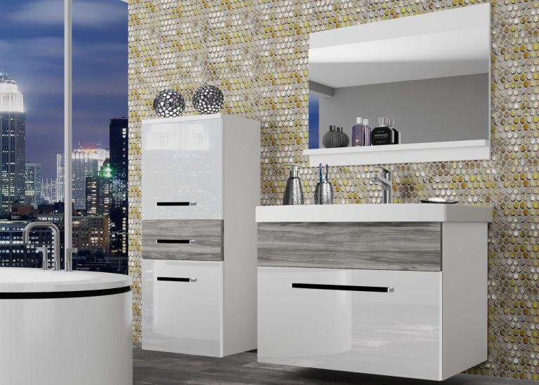 Mobili da bagno Belini bianco lucido / grigio antracite Glamour Wood + lavabo + specchio Produttore ROD PM 2/0/W/WGW1/0/ZW