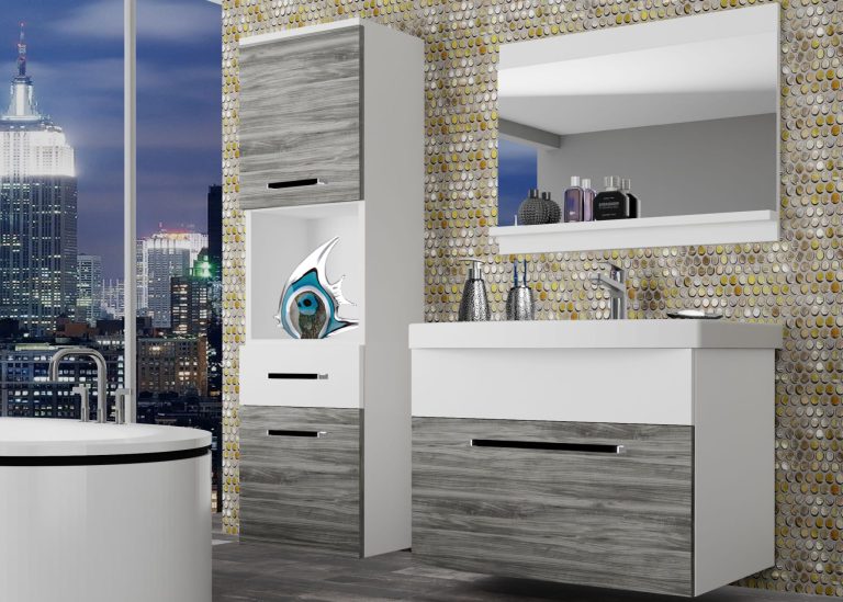 Mobili da bagno Belini grigio antracite Glamour Wood / bianco opaco + lavabo + specchio Produttore ROD M 3/0/W/GW1W/0/ZW