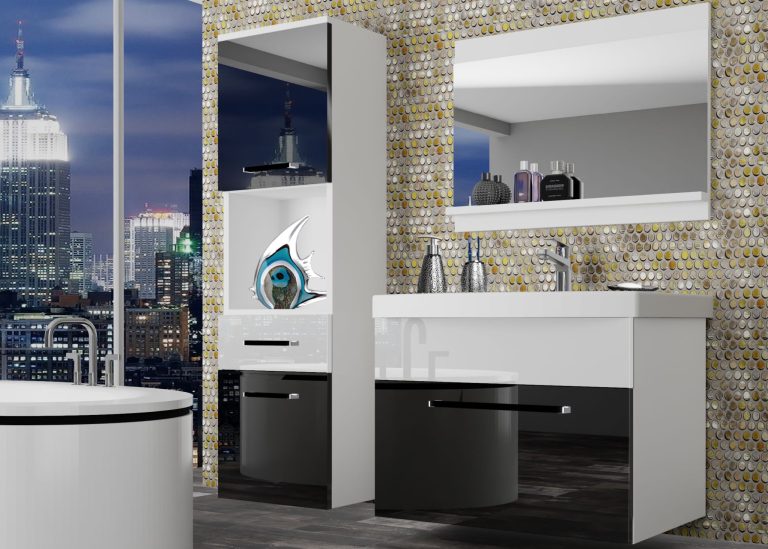 Mobili da bagno Belini nero lucido / bianco lucido + lavabo + specchio Produttore ROD P 3/0/W/BW/0/ZW
