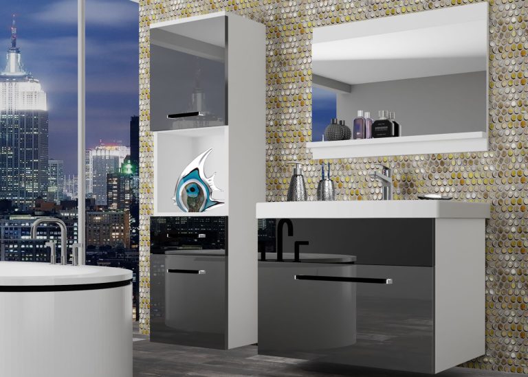 Mobili da bagno Belini grigio lucido / nero lucido + lavabo + specchio Produttore ROD P 3/0/W/SB/0/ZW
