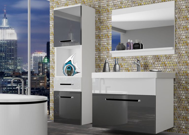 Mobili da bagno Belini grigio lucido / bianco lucido + lavabo + specchio Produttore ROD P 3/0/W/SW/0/ZW