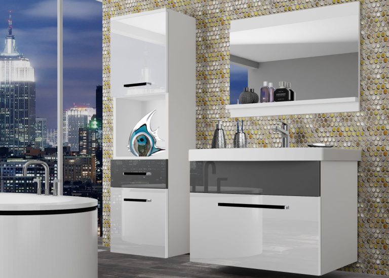 Mobili da bagno Belini bianco lucido / grigio lucido + lavabo + specchio Produttore ROD P 3/0/W/WS/0/ZW