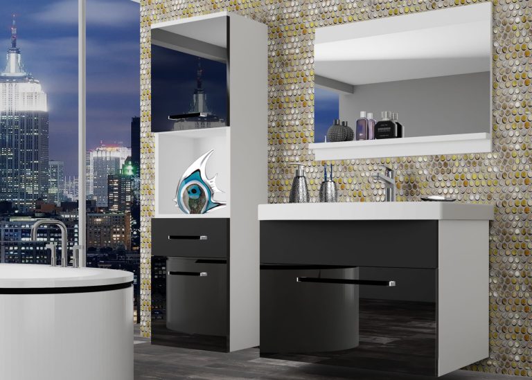 Mobili da bagno Belini nero lucido / nero opaco + lavabo + specchio Produttore ROD PM 3/0/W/BB/0/ZW