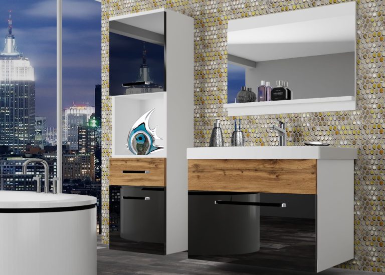 Mobili da bagno Belini nero lucido / rovere wotan + lavabo + specchio Produttore ROD PM 3/0/W/BDW/0/ZW