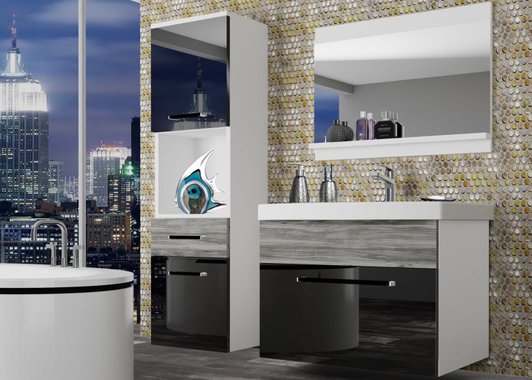 Mobili da bagno Belini nero lucido / grigio antracite Glamour Wood + lavabo + specchio Produttore ROD PM 3/0/W/BGW1/0/ZW