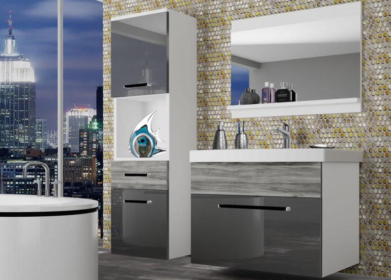 Mobili da bagno Belini grigio lucido / grigio antracite Glamour Wood + lavabo + specchio Produttore ROD PM 3/0/W/SGW1/0/ZW