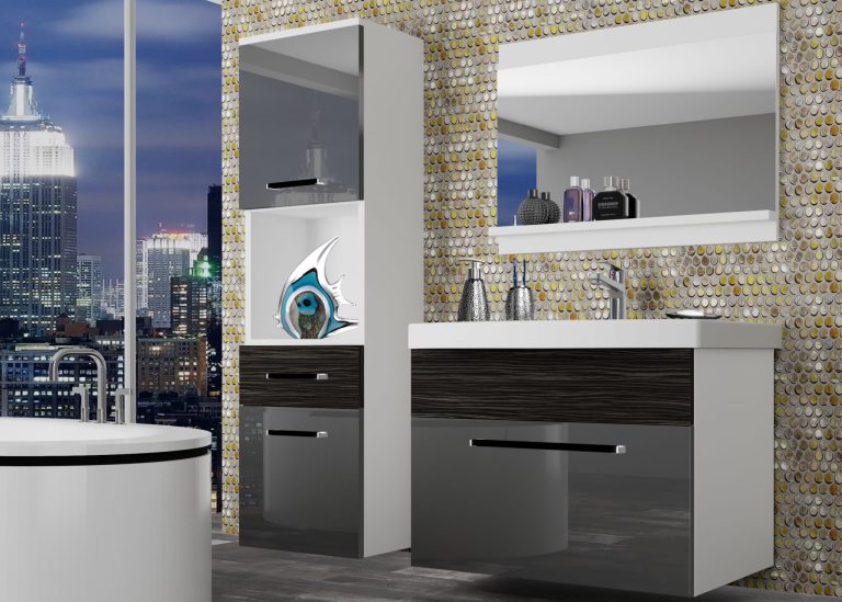 Mobili da bagno Belini grigio lucido / ebano reale + lavabo + specchio Produttore ROD PM 3/0/W/SHK/0/ZW