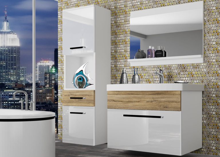 Mobili da bagno Belini bianco lucido / rovere sonoma + lavabo + specchio Produttore ROD PM 3/0/W/WDS/0/ZW