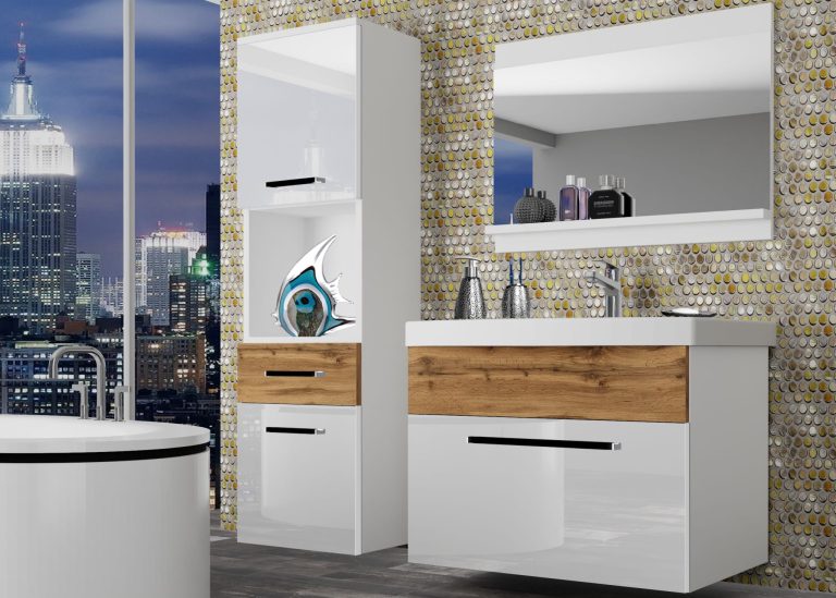 Mobili da bagno Belini bianco lucido / rovere wotan + lavabo + specchio Produttore ROD PM 3/0/W/WDW/0/ZW